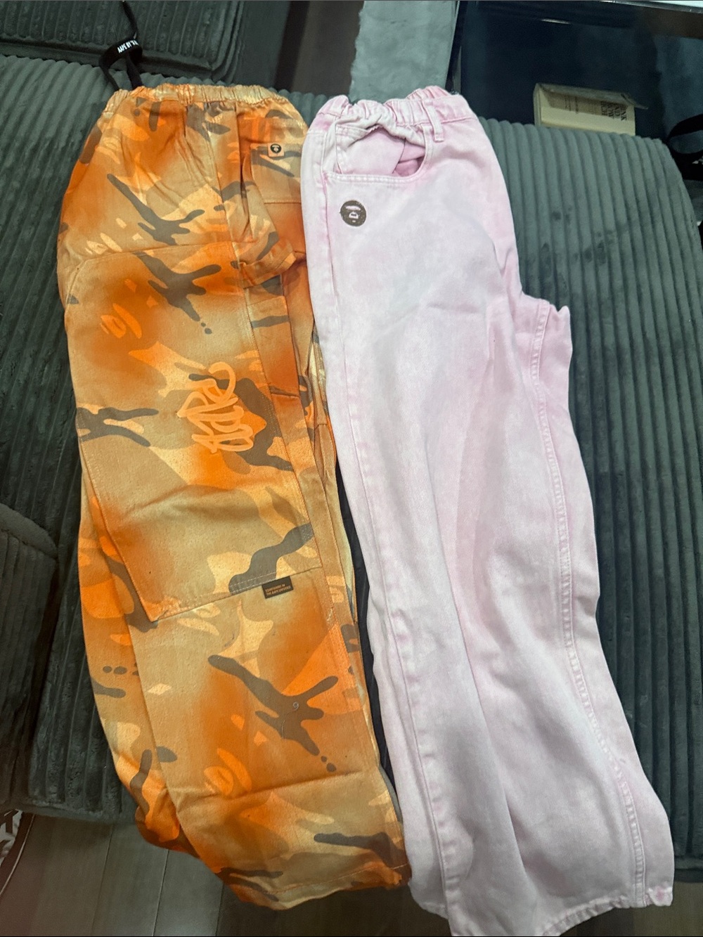 Orange Camo Cargo Pants + Light Pink Joggers